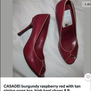 Casadei Burgundy Raspberry Red Peep-Toe Heels with Tan Piping